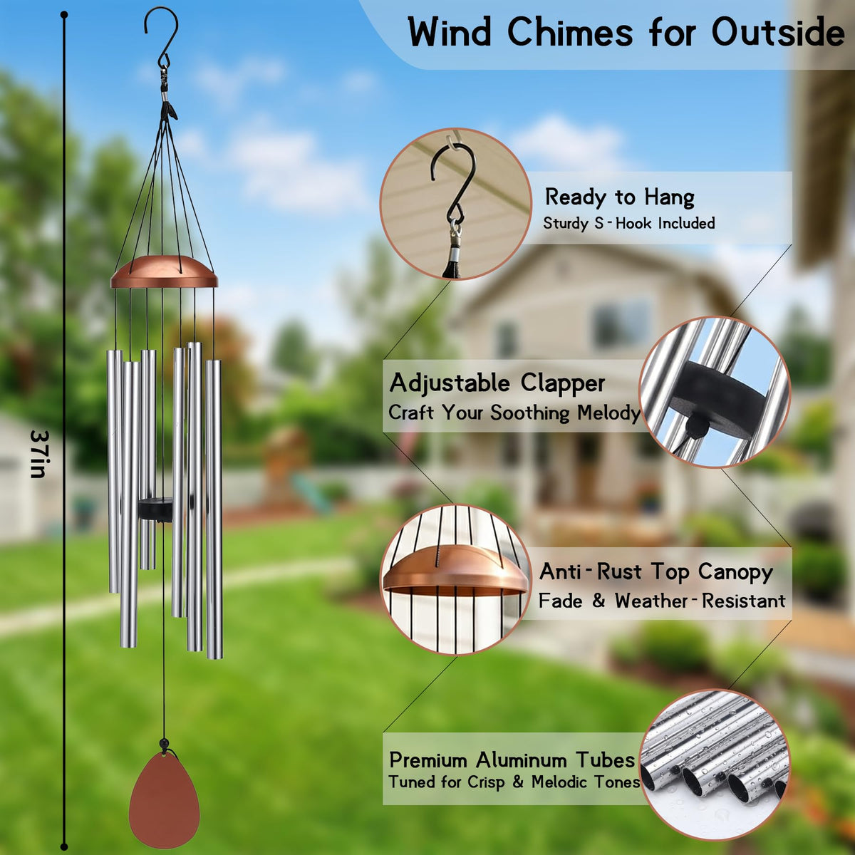 37" Large Aluminium Wind Chimes for Outside Deep Tone Silver (Silver)