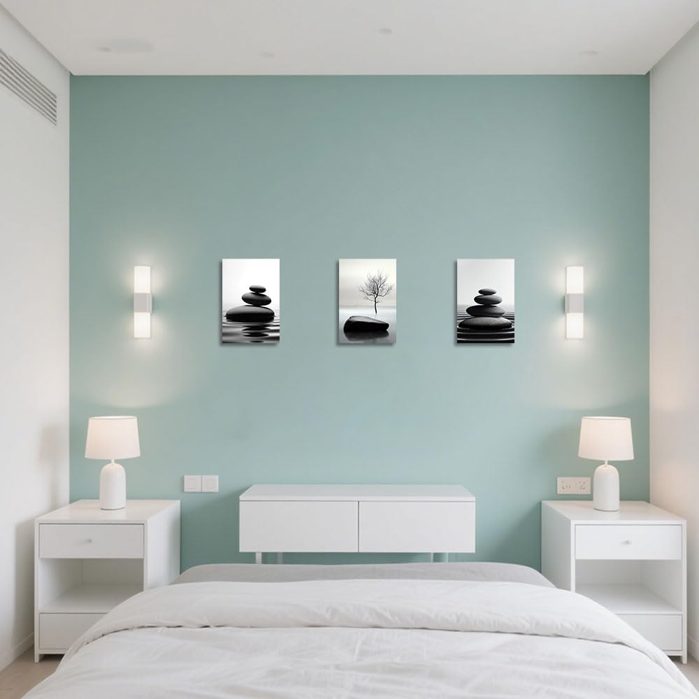 3PCS Zen Stones Canvas Wall Art Black and White Zen Stone Painting Calming Meditation Wall Decor for Yoga Studio Office Spa Bathroom (white / 24W"x36L"x3)