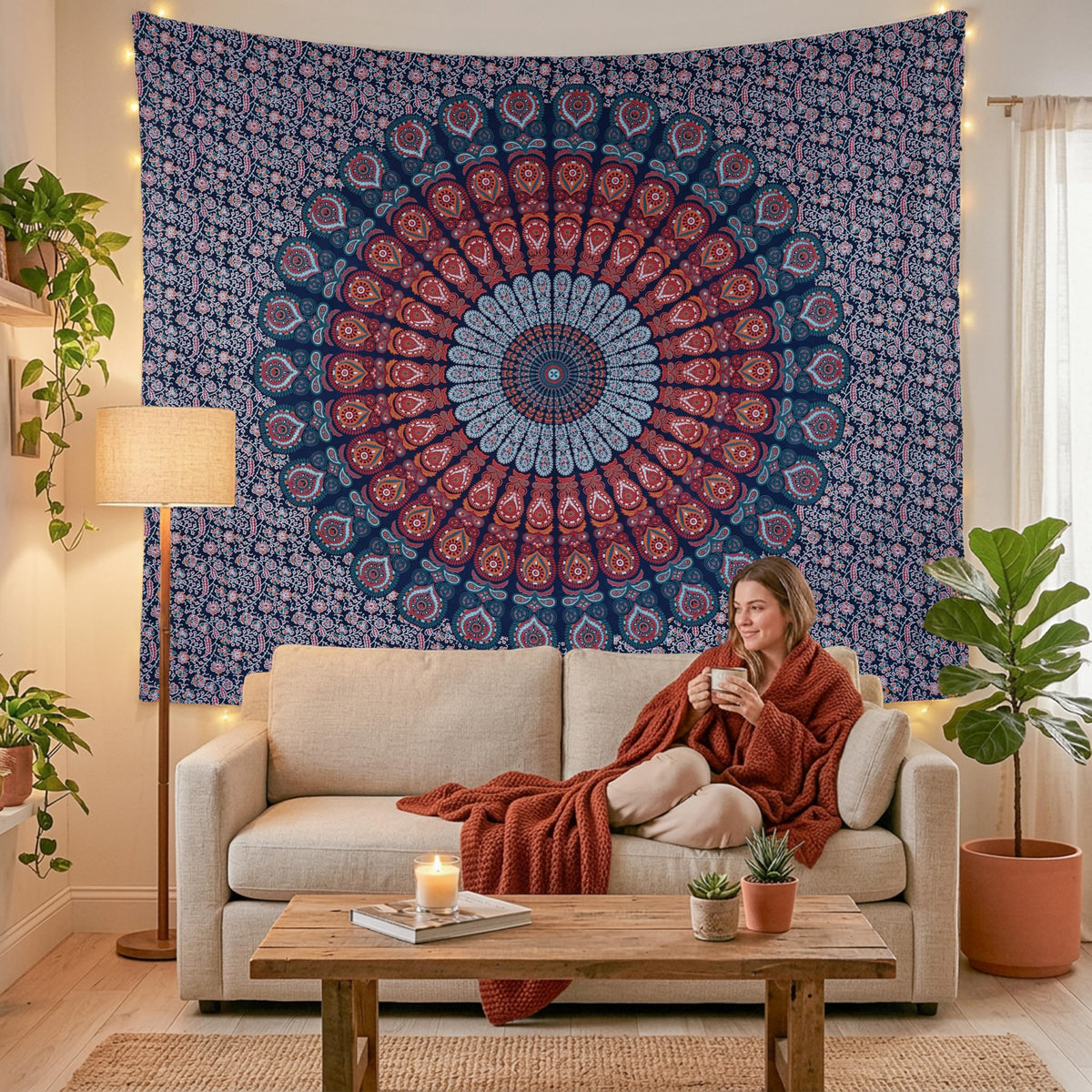 Handmade Cotton Peacock Mandala Tapestry (40"L x 30"W / Golden Blue)