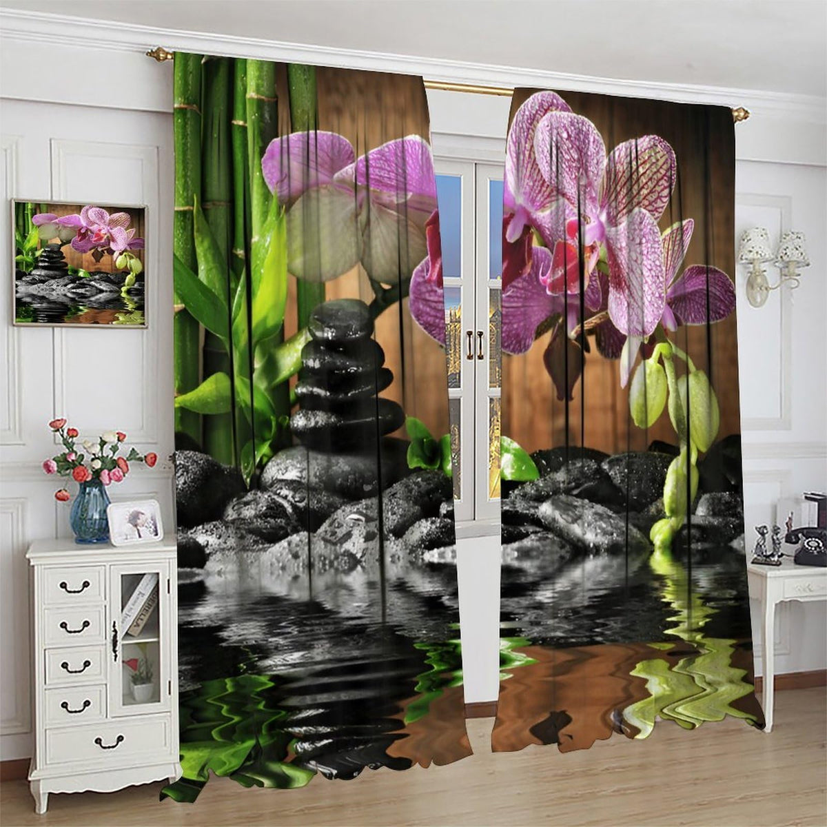Zen Garden Blackout Curtains for Kitchen Spa Green Bamboo Black Stone White Flower Window Treatments Print for Boys Girls Bedroom Living Room Bathroom 42x63in (21"W x 63"L (Pack of 2) / Zen-16)