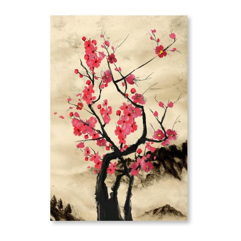Cherry Blossom Branch Print Traditional Japanese Sakura Poster Wall Art living Room Wall Hang Flowers Canvas Decor Framed 8"X12" (12"L x 8"W / Frame-5)