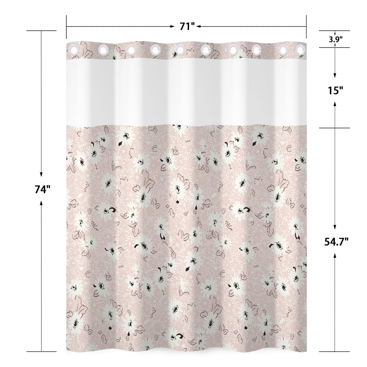 No Hook Shower Curtain with Snap in Liner Set (Pink Flowers)