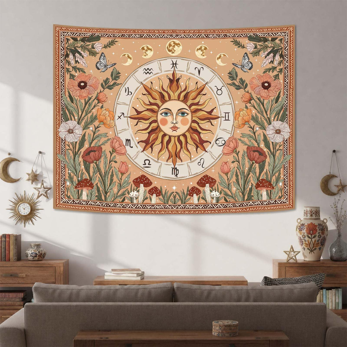 Boho Sun and Moon Vintage Mushroom Floral Tapestry 48x36 Inch (Light Red / 48"L x 36"W)