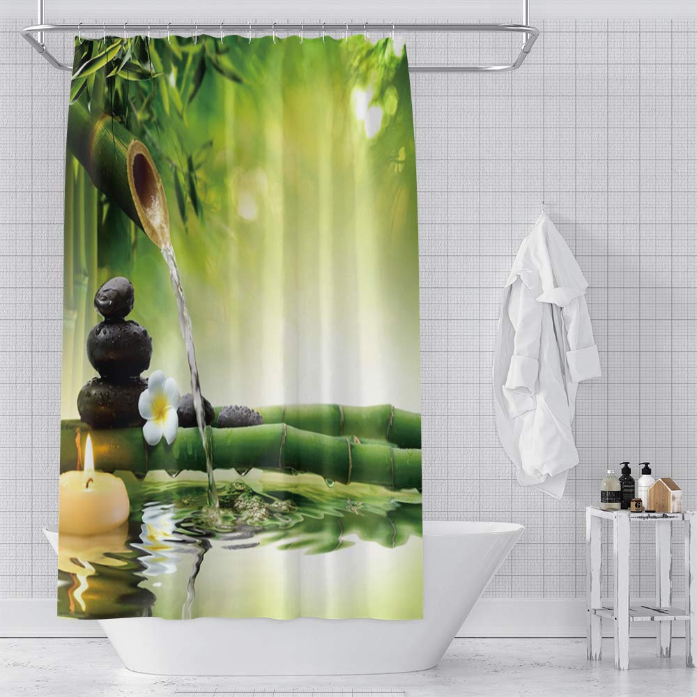 Spa Shower Curtain White Flowers Candle Black Stones Vintage Bamboo Relaxing Bath Curtain Waterproof Polyester Fabric Bathroom Decor Set with Hooks 72x84inch (72"W x 84"L (Pack of 1) / Green 02)
