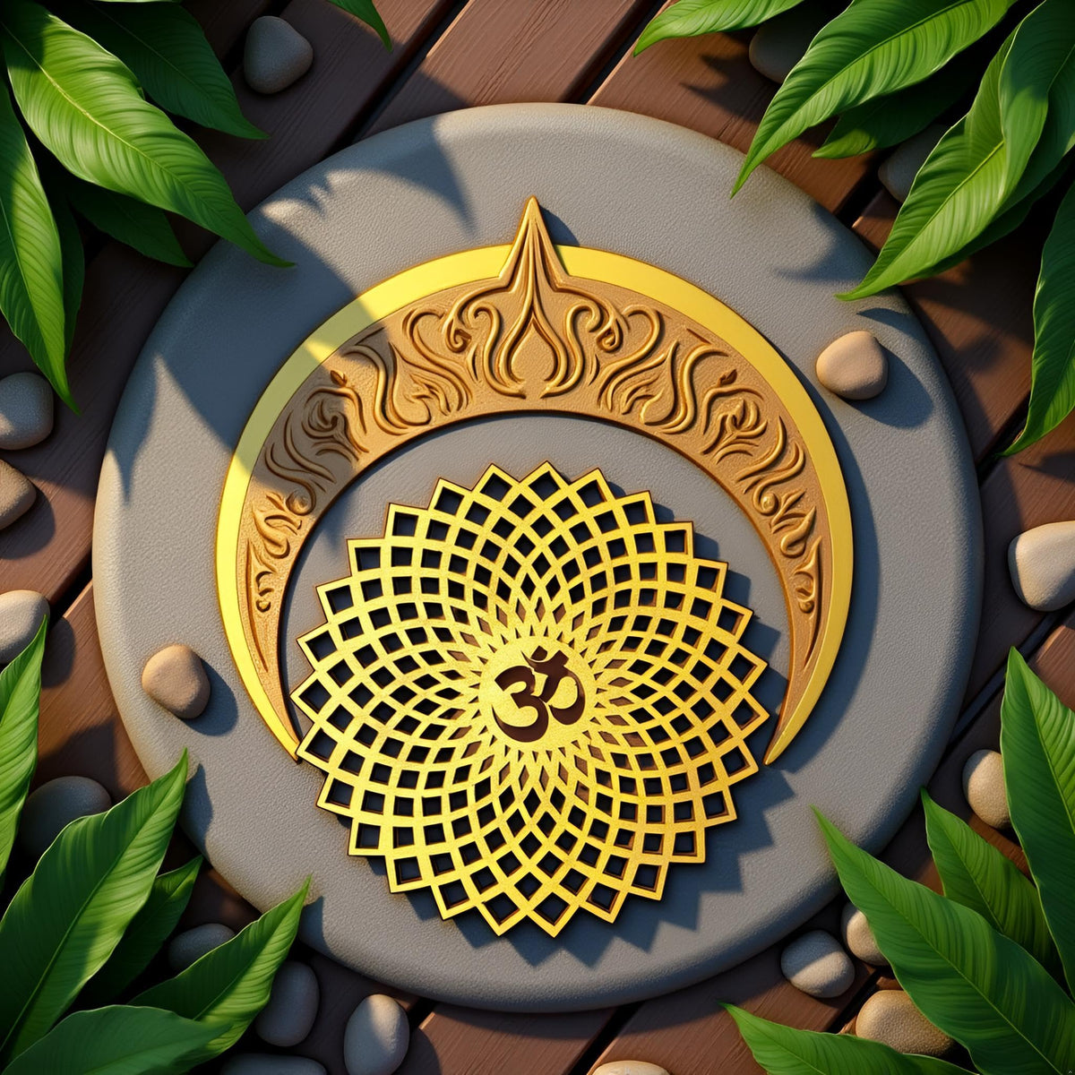 Golden Om Round Decorative Wall Art Mdf Wooden Om Chakra For Temple (GEOMETRY OM-Gold / 12"L x 12"W)