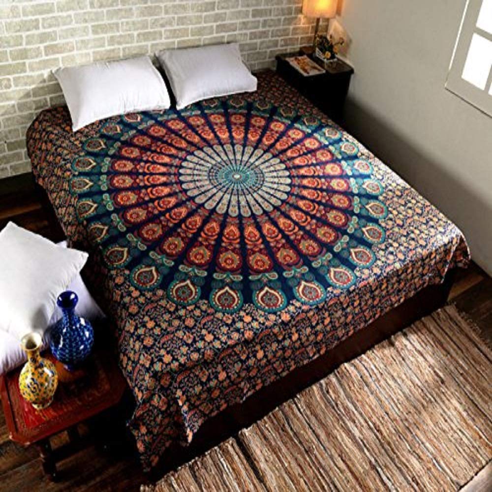Peacock Mandala Tapestry Hippie Wall Hanging 90x84 inch Decorative Trippy Tapestries Boho Indian Handmade Cotton Bedspread (Golden Blue / 90"L x 84"W)