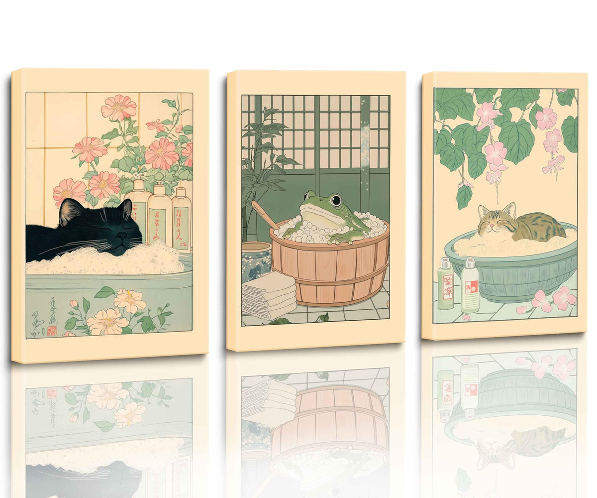 3 Pieces Japanese Cat Bathroom Posters Wall Art (Cat Bathroom Poster A / 8"X10")
