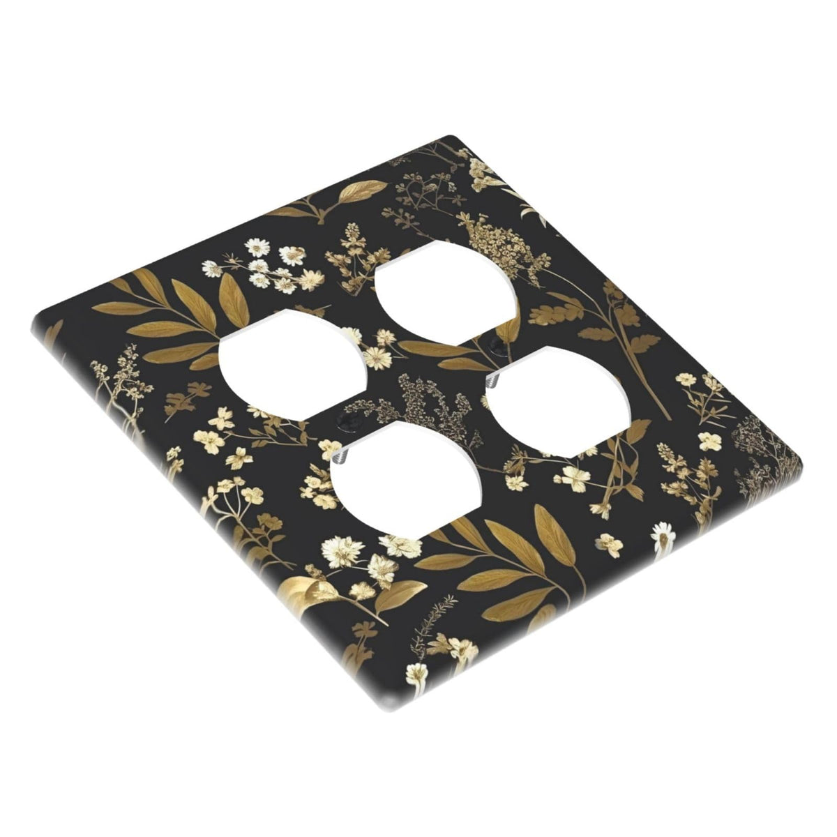 Black Gold Vintage Leaf Floral 2 Gang 2 Duplex Combination Light Switch Cover Decorative Combo Dual Device Receptacle Switch Face Wall Plate (Black Gold Vintage Leaf Floral / 2 Gang2 Duplex)