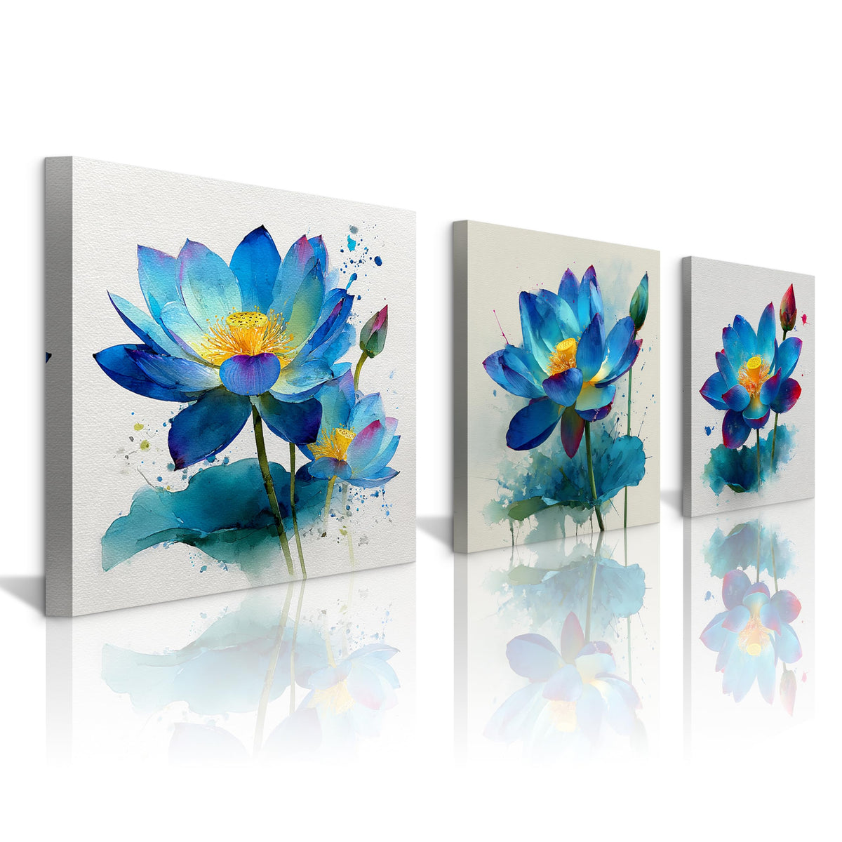 3Pcs Blue Lotus Watercolor Canvas Wall Art Print Blooming Flower Yellow Center Teal Purple Petals Botanical Floral Pictures for Bedroom Bathroom Living Room Decor Zen Artwork Ready to Hang (Blue Lotus / 20x20inchx3)