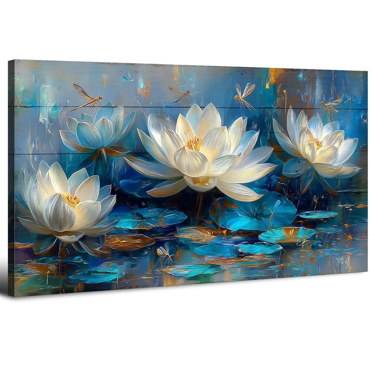 Blue White Lotus Flower Wall Art Zen Wall Decor Abstract Nature Picture for Yoga Living Room Watercolor Floral Painting Farmhouse Botanical Dragonfly Artwork Spa Meditation Room Decoration 24x48" (48"L x 24"W / Lotus Flower)