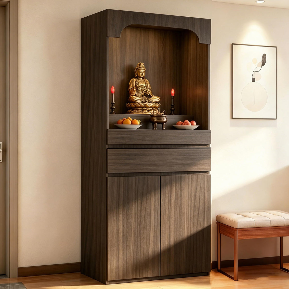 Altar Table Pooja Cabinet with Drawers and Storage Cabinets (15.7×15.7×65.4in / Light Brown Natural Wood)