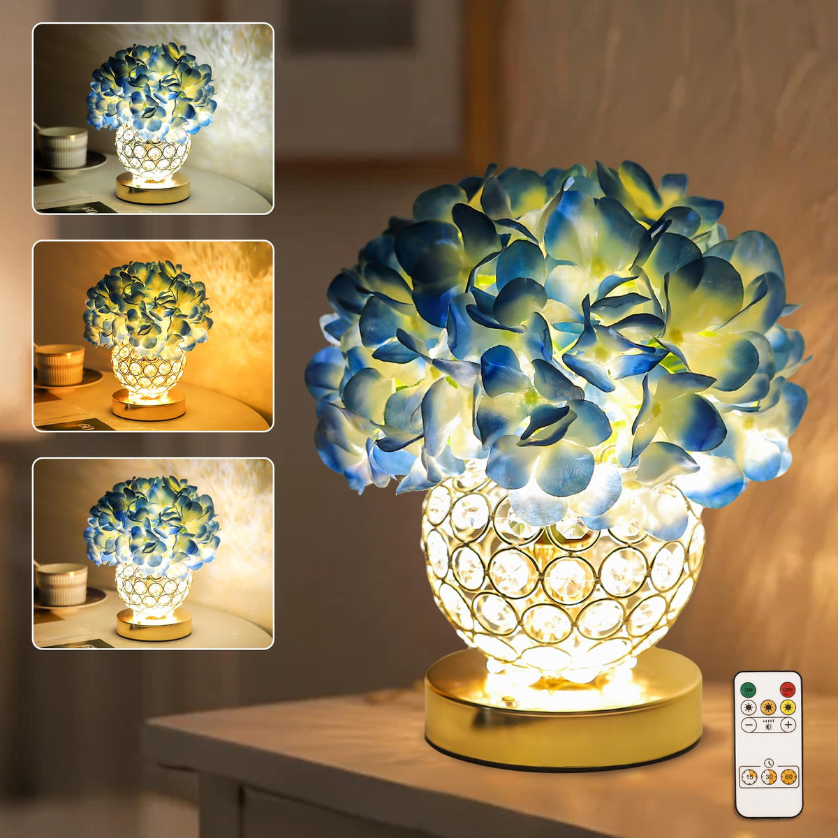 3 Color Artificial Blue Hydrangea Flower Lamp Night Light Desk Lamp for Bedroom Bar Coffee Shop Living Room Decor (Hydrangea-Blue)