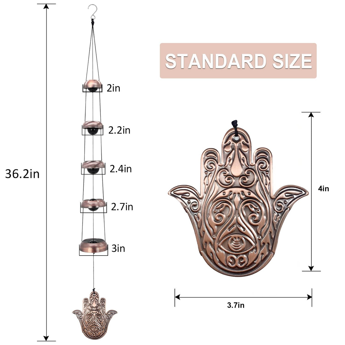 Copper Hand of God Temple Wind Chime for Porch (5 Buddha Bell)