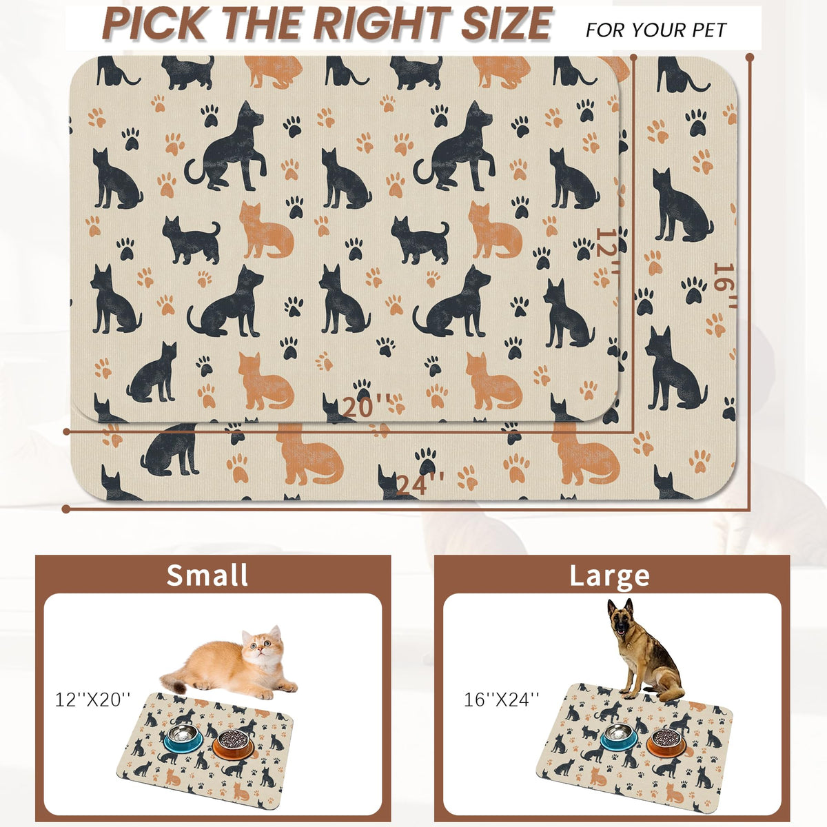 Cute Cat Paw Prints Dog Food Mat for Floors (20"L x 20"W / Cute Cat Dog Paw Boho)