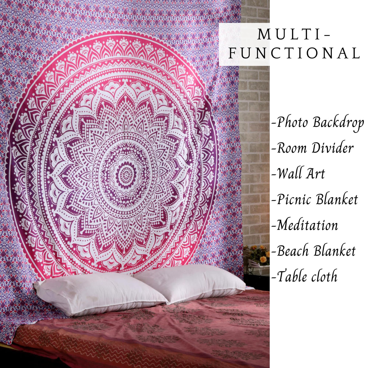 Hippie Pink Tapestry Mandala Bohemian Art Wall Decor Boho Trippy Beach Tapestries Indian Living Room Decoration (Pink / 84"L x 54"W)