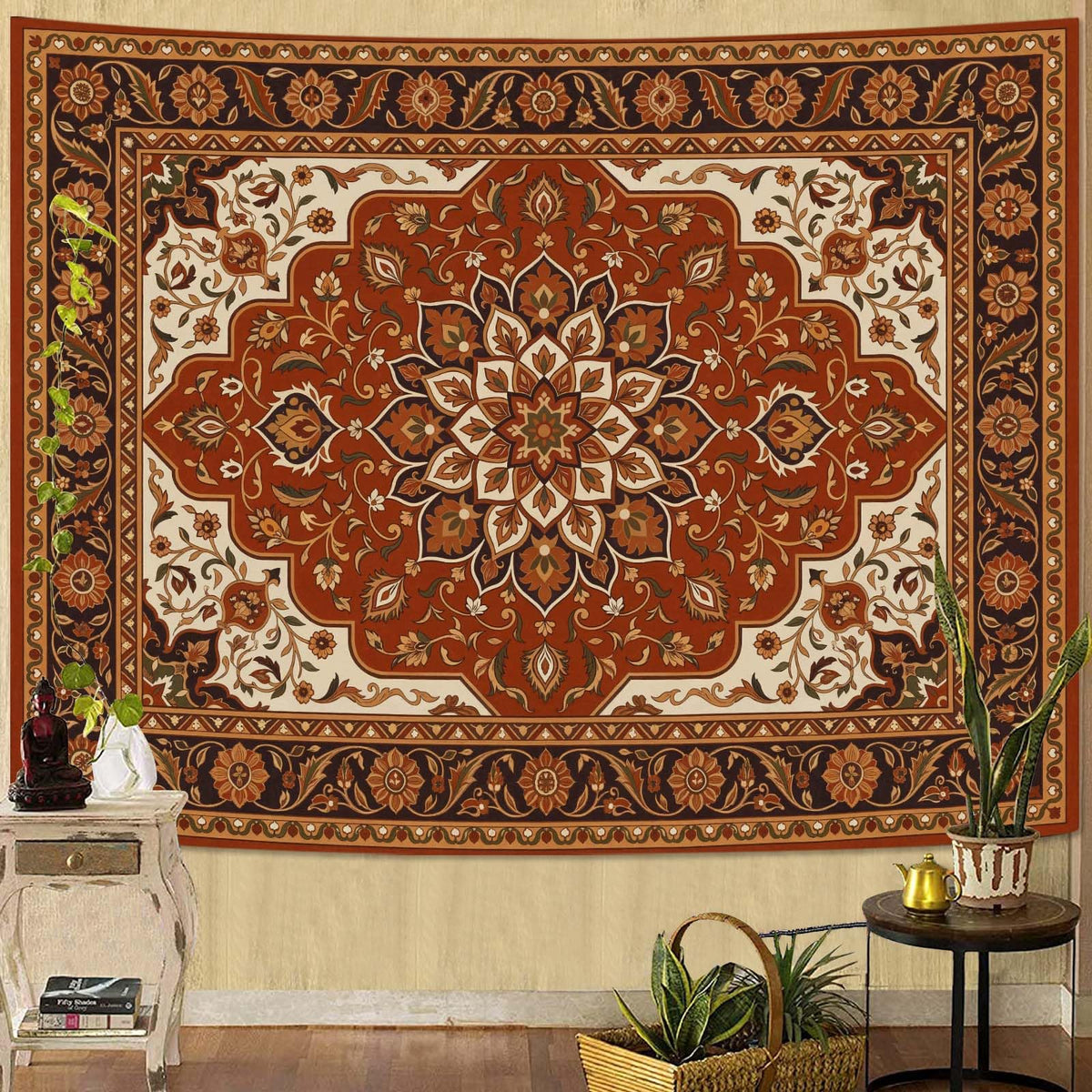 Boho Floral Tapestry Wall Hanging Hippie Indian Bohemian Mandala Tapestry Aesthetic Flower Medallion Red Small Tapestries for Mural Bedroom Living Room Dorm Decor 60 x 44 Inch (Red Flower / 60"L x 44"W)