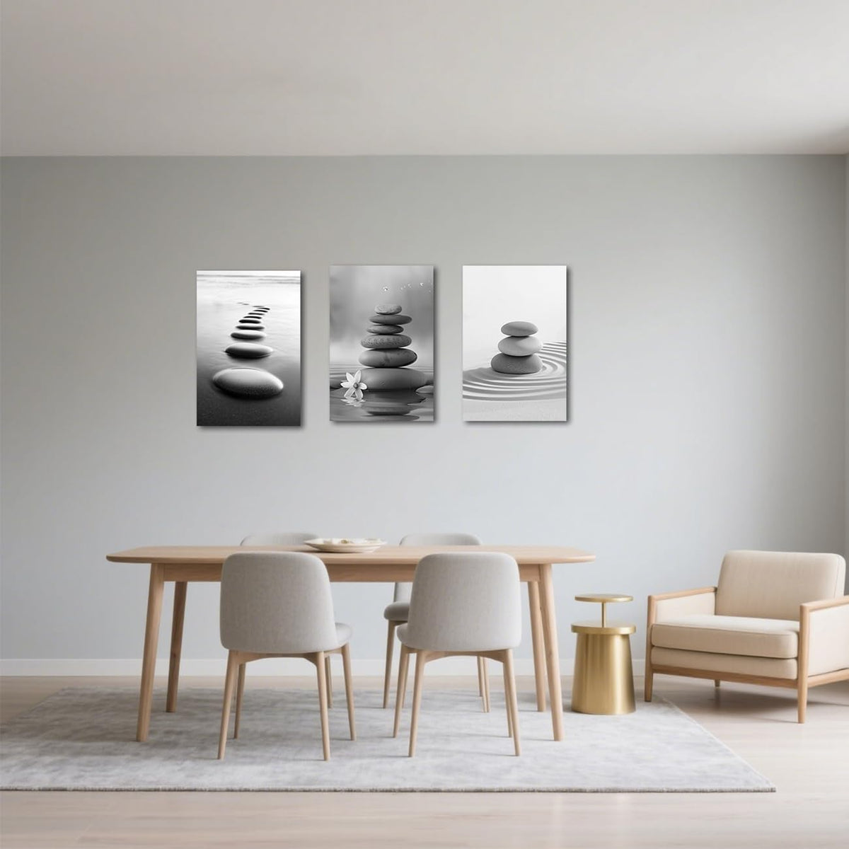 Black and White Zen Wall Art 3 Pieces Stones in Water Picture Canvas Print for Bathroom Spa Stone Painting Yoga Meditation Room Decor Framed (Grey / 20x28inchx3 Pieces)
