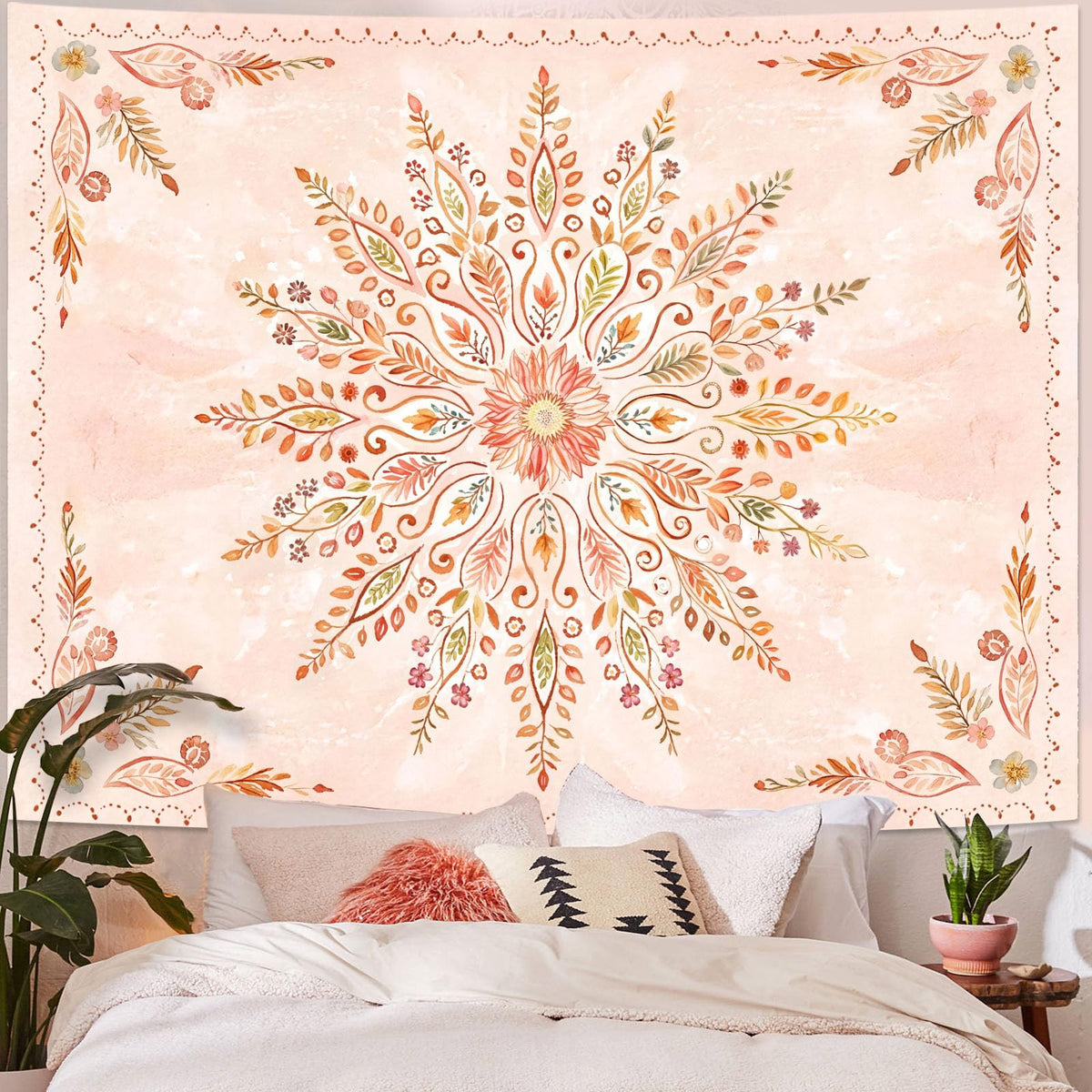 Floral Mandala Tapestry Boho Tapestry for Bedroom Orange Tapestries Wall Hanging Living Room Wall Art and Home Decor 60x80 (80"L x 60"W / Orange)