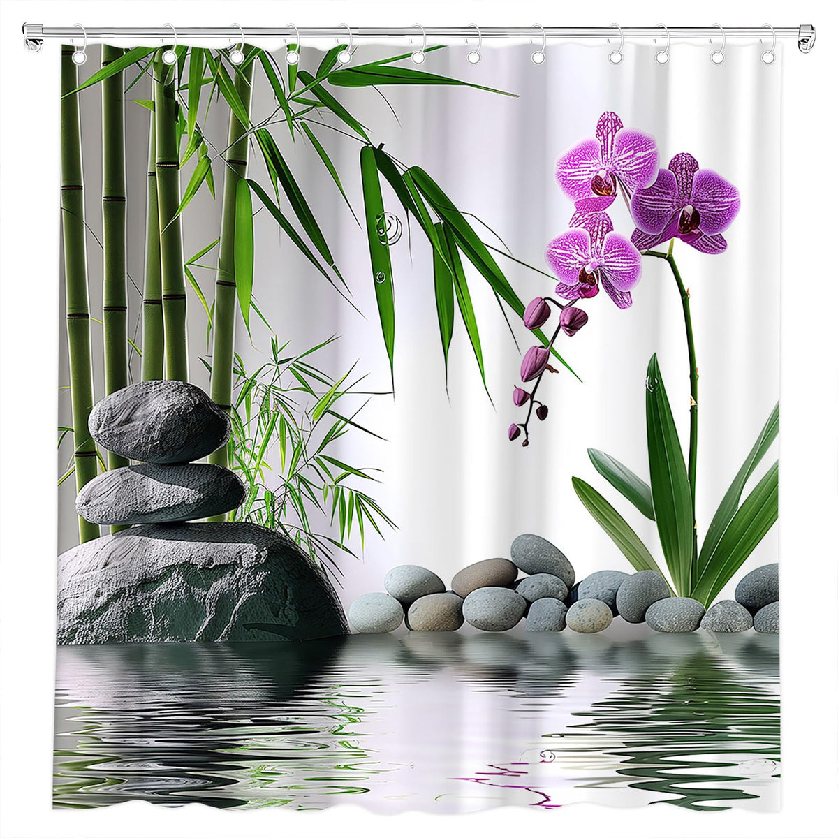 Zen Shower Curtain Green Bamboo Purple Orchid Flower Stone Asian Garden Relax Spring Nature Theme Bath Curtain Fabric Bathroom Accessories Decor with Hooks 70W x80L (Green / 80.00"LX70.00"W)