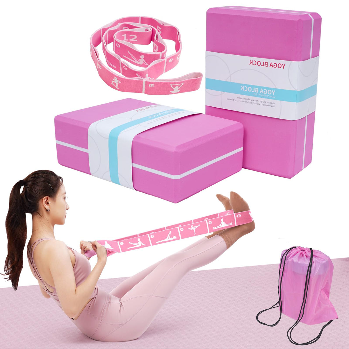 Yoga Blocks Set of 2 with 12 Loop Stretch Band and Carry Bag (Pink+Pink)