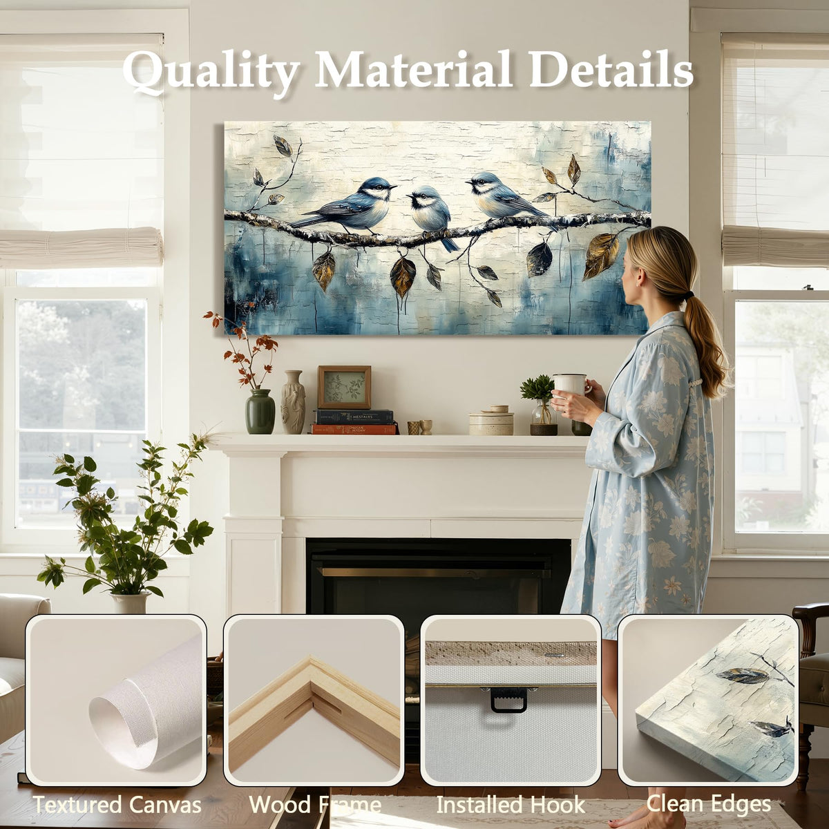 Rustic Birds Family Large Wall Art Hummingbird Nature Decor Blue (Hummingbird / 48"L x 24"W)