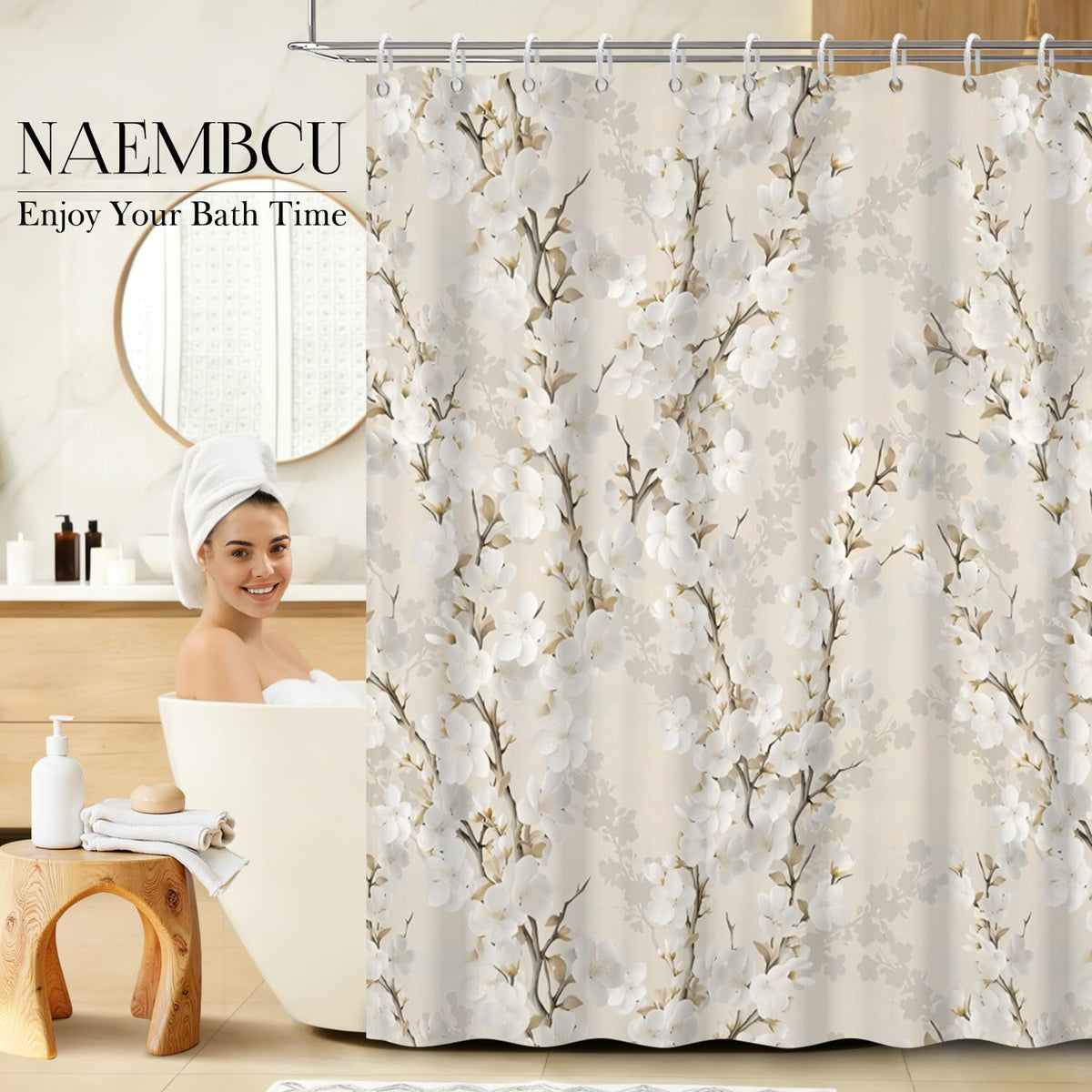 White Floral Shower Curtain 74 Inches Long (Floral-b)