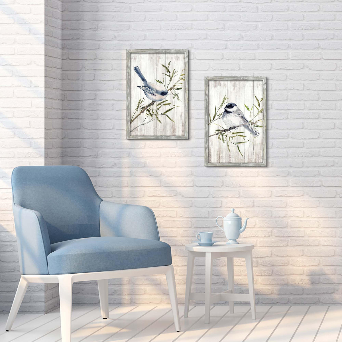 Rustic Zen bird Wooden Framed Wall Art 16x24Inchx2PCS (blue&green / 16L" x 24W")