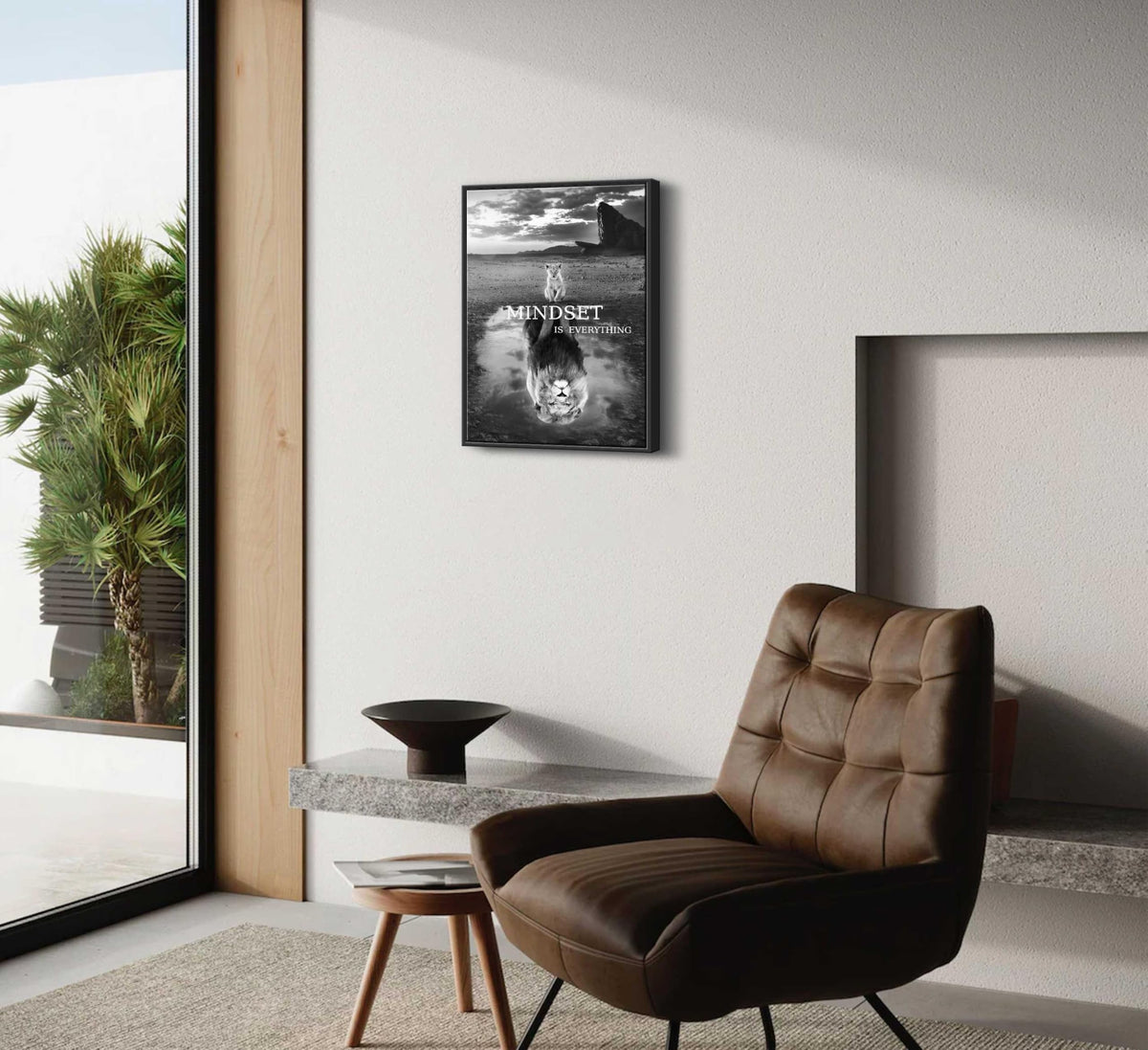 Framed Inspirational Lion Canvas Wall Art Mindset is Everything Black and White Picture Motivational Poster Print for Office Bedroom Classroom Man Cave Home Decoration (Framed Lion / 24"L x 16"W)