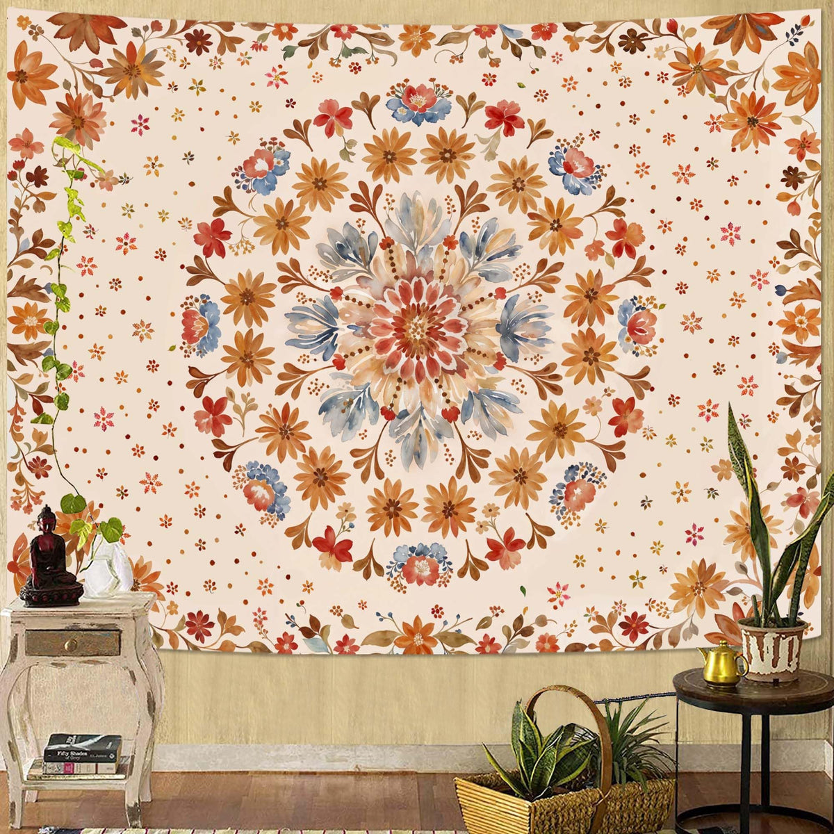 Boho Floral Mandala Tapestry Wall Hanging Watercolor Bohemian Flower Medallion Tapestry Aesthetic Beige Orange Hippie Indian Small Tapestries for Bedroom Living Room Dorm Decor 60 x 44 Inch (Beige Orange / 60"L x 44"W)