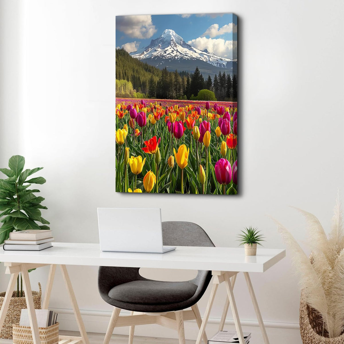 Yellow Flowers Wall Art Mountain Wall Decor for Living Room Tulips Floral Field Scenic Pictures Snowy Mountain Landscape Canvas Prints Floral Nature Forest Paintings Artwork Home Decoration 32x48" (48"L x 32"W / YellowTulips)