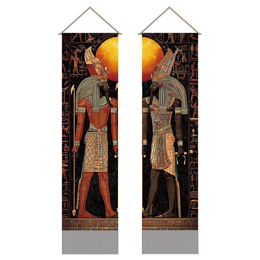 2Pcs Ancient Egyptian Tapestry Pharaoh Hieroglyphics Art Wall Hanging Tapestries Egypt Civilization Long Tapestry with Tassels for Living Room Bedroom Home Office Backdrop Decoration (black)