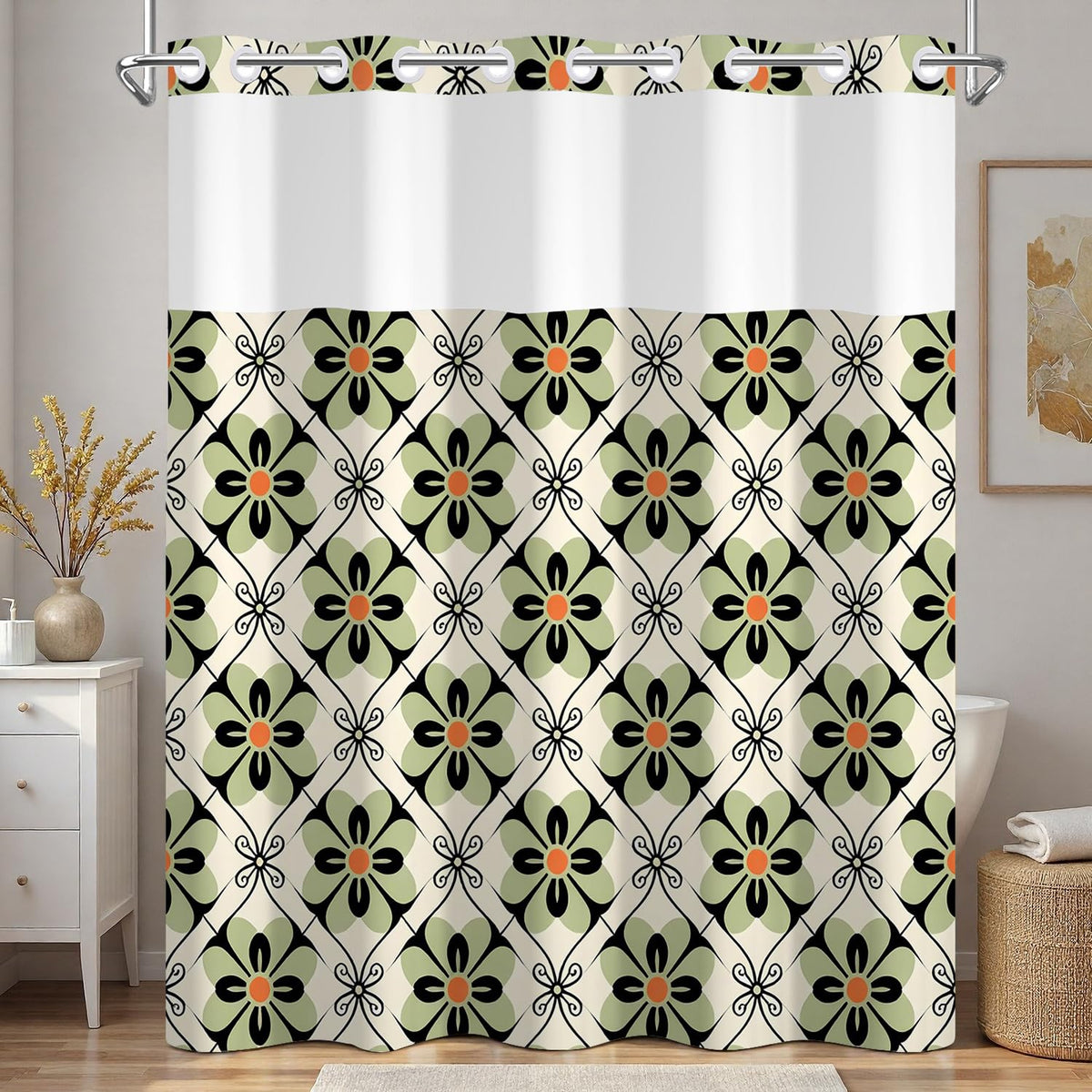 Mid Century Modern Shower Curtain with Snap in Liner (Boho Flower)