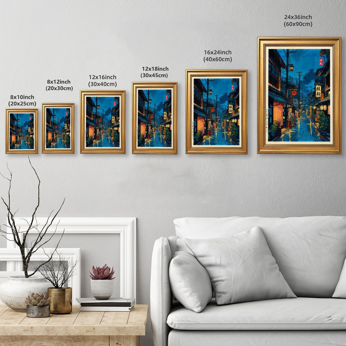 Japanese Tokyo Tea House Wall Art Poster Kyoto Night Street Art Canvas Print Retro Japan Illustration Wall Decor Vintage Urban Street Scene for Bedroom Living Room Aesthetic 16x24inch Vintage Framed (16"L x 24"W / style-1 Vintage Framed)