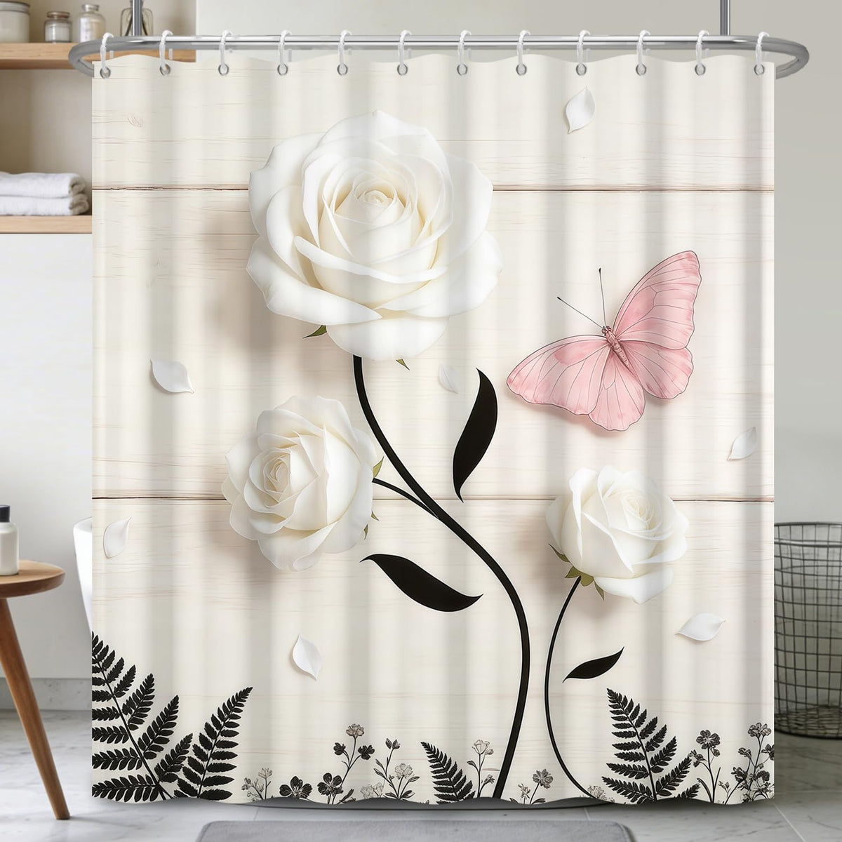 Floral Botanical Shower Curtain with Hooks (White Rose)