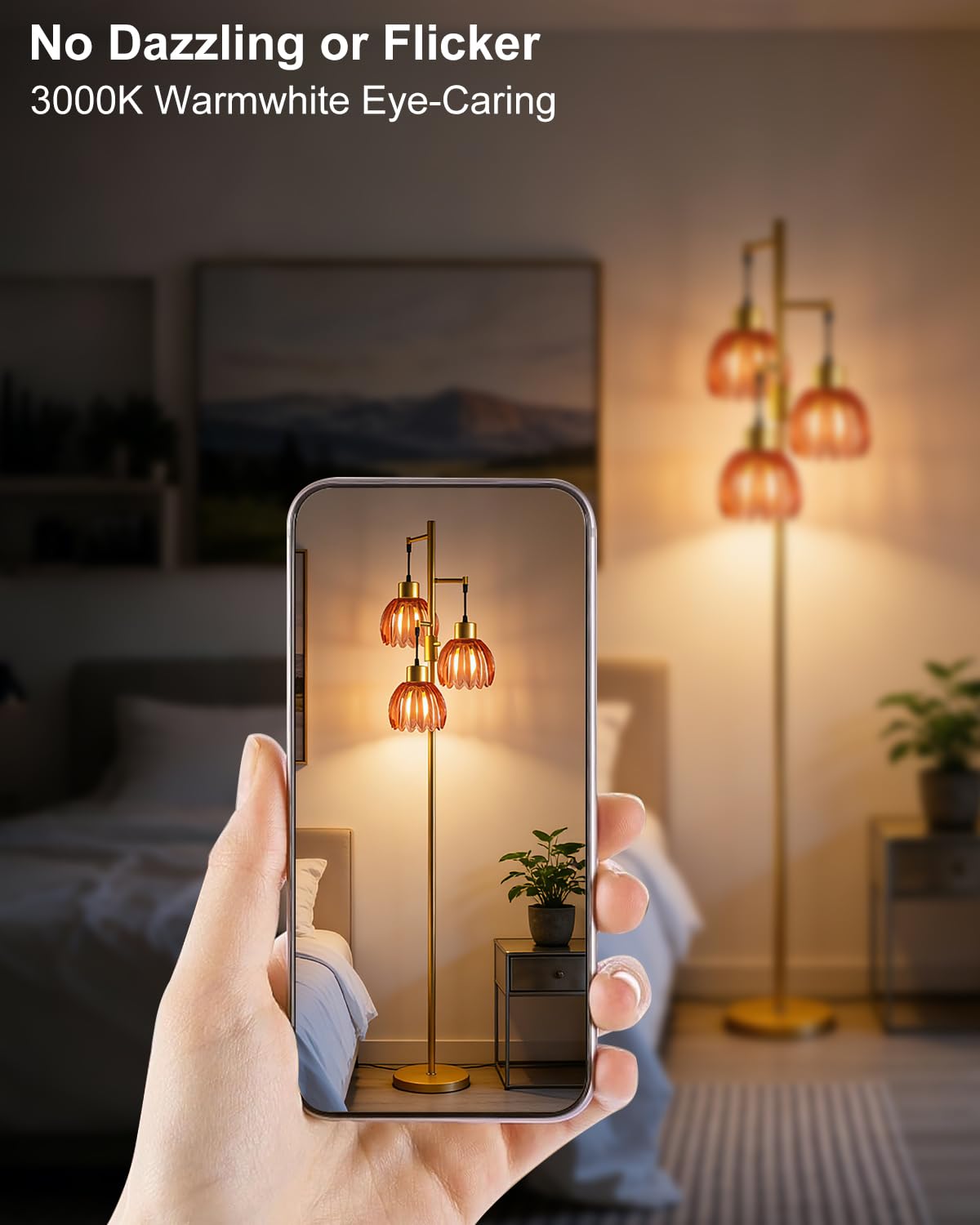 Glass Floor Lamp Red Lotus Flower Shade Dimmable Gold Floor Lamp (3 Deep Red Lotus-Gold)