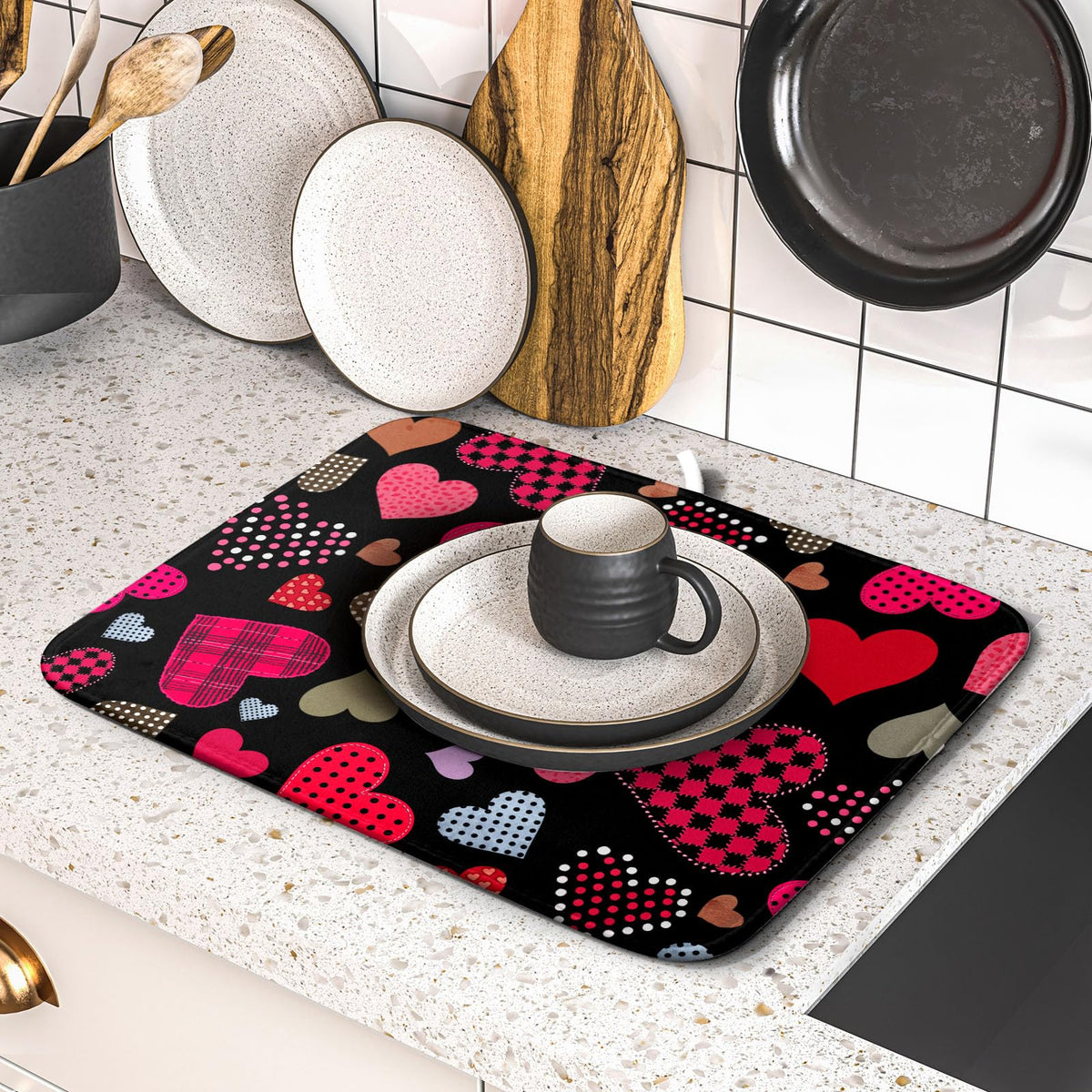 Happy Valentine's Day Black Dish Drying Mat for Kitchen Counter (Love Heart / 16" x 18")