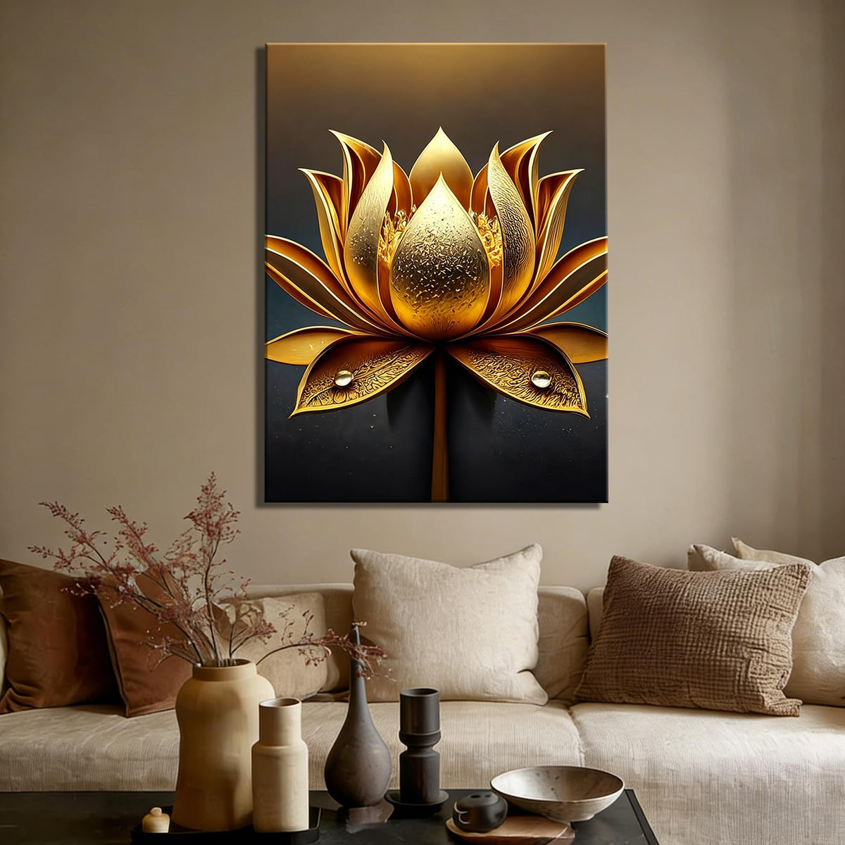 Elegant Golden Lotus Wall Art with Metallic Petals and Serene Glow (Pictures24 / 18"L x 12"W)