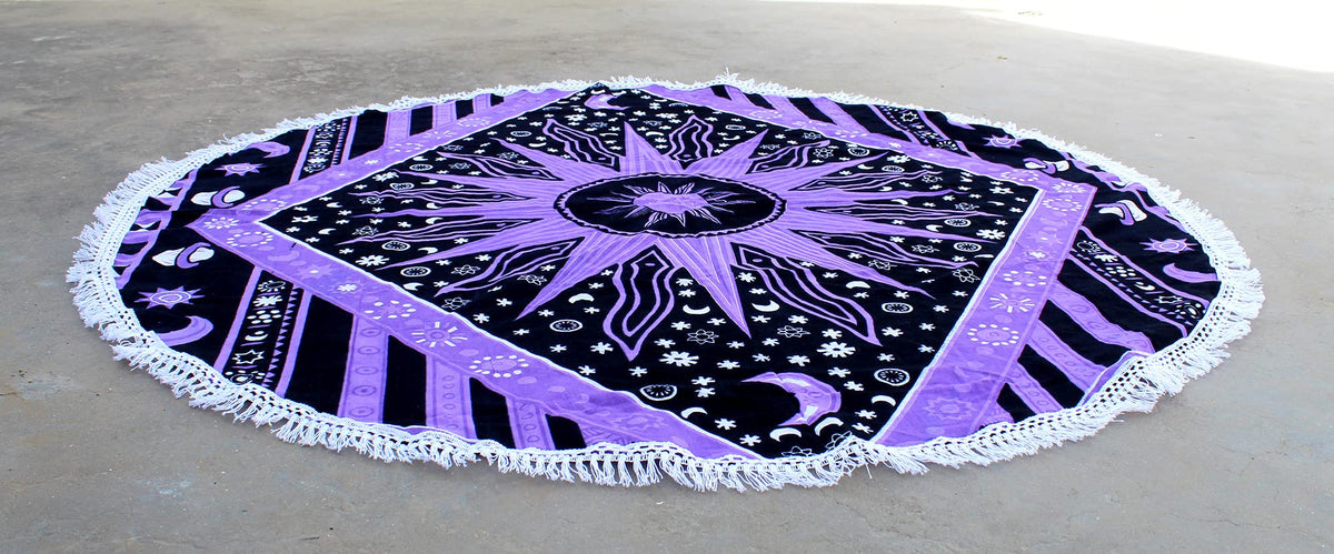 Round Beach Tapestry Turquoise Mandala Throw (5'10" (Round) / Purple)