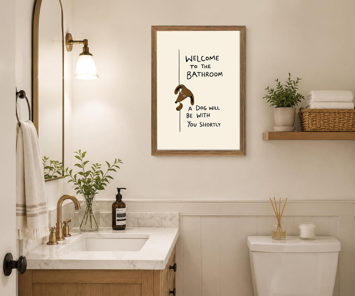 Funny Dog Bathroom Wall Art (Cream, Brown, Black, Natural Wood / 12"L x 16"W)