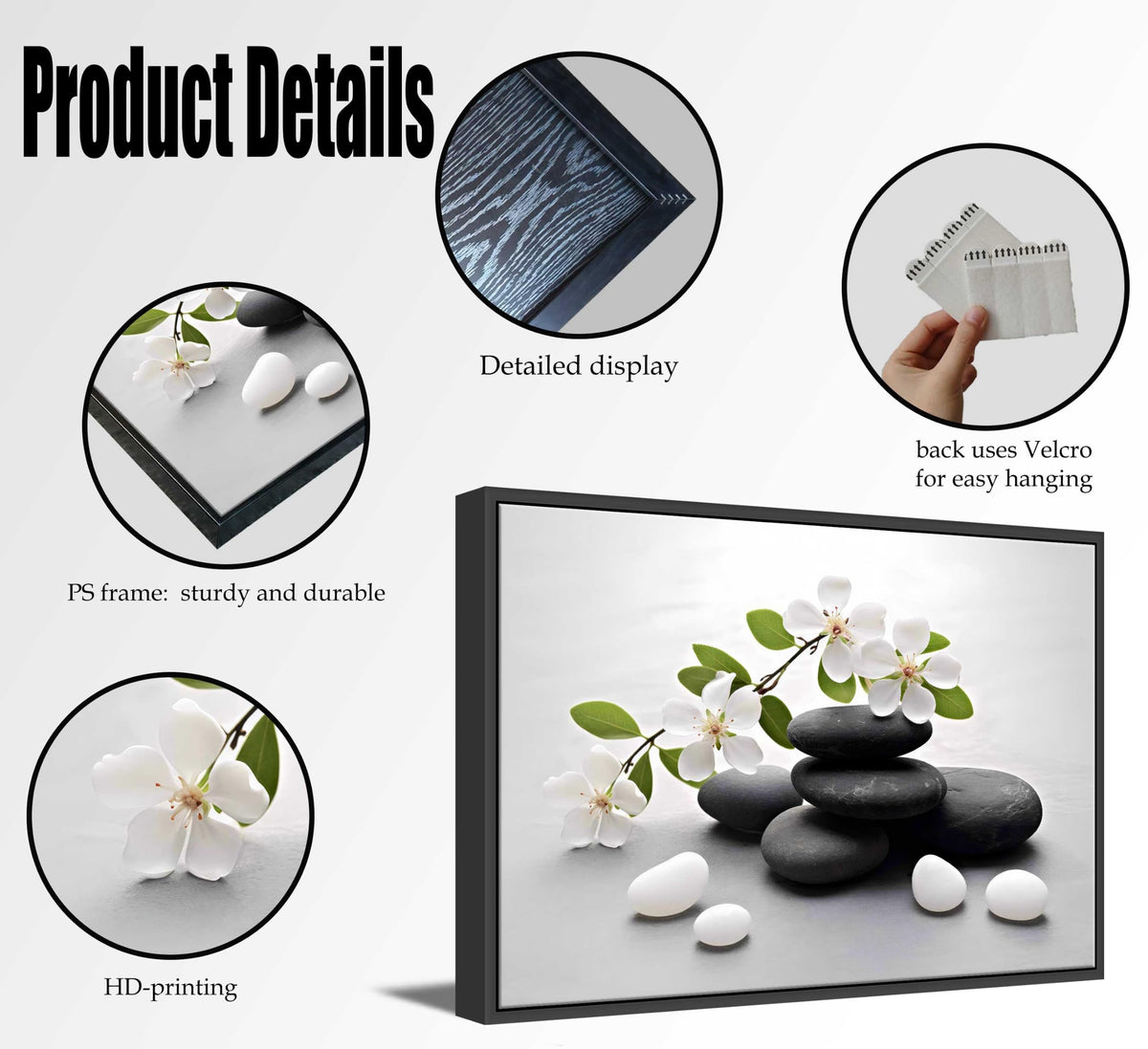 Framed Zen Stone Flower Canvas Wall Art Orchid Flower Black White Zen Stone Picture Wall Decor Still Life Poster Print Artwork for Bathroom Yoga Room Spa Room Meditation Room Office Home Decoration (Framed Stone / 10"L x 8"W)