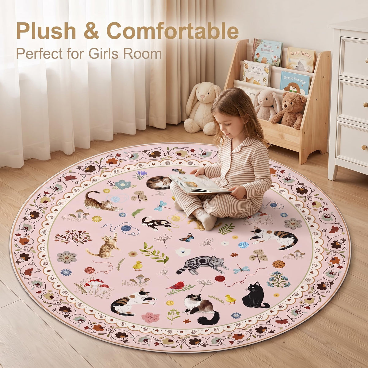 Animal Cat Round Area Rug 4ft (Daily-pink / 4' (Round))