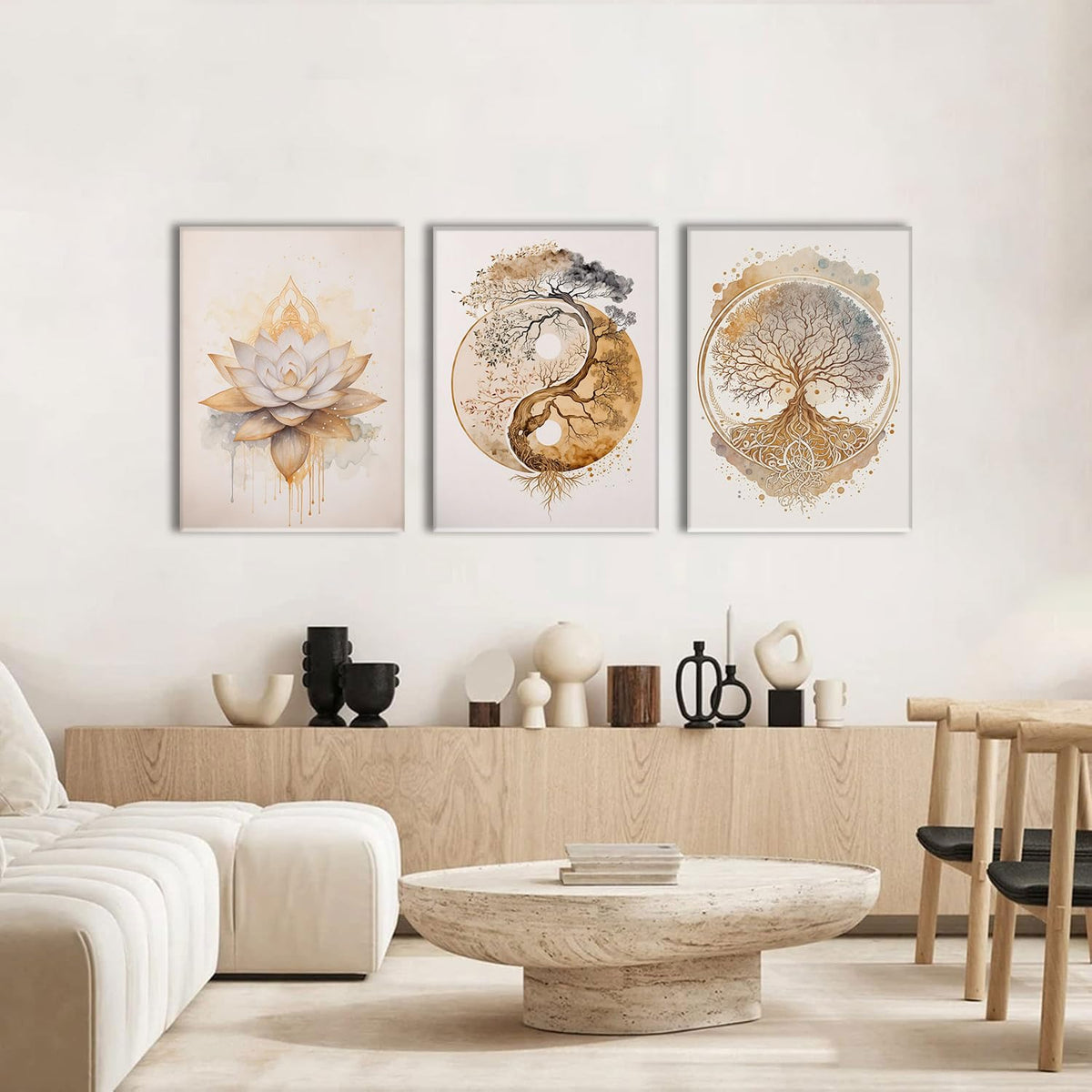 3 Piece 3 Piece Tree of Life Wall Art Zen Wall Decor Yoga Room Canvas Art Modern Gold Lotus Flower Pictures Spiritual Meditation Paintings Spa Artwork For Living Room Bathroom (Lotus Gold / 12x16in)