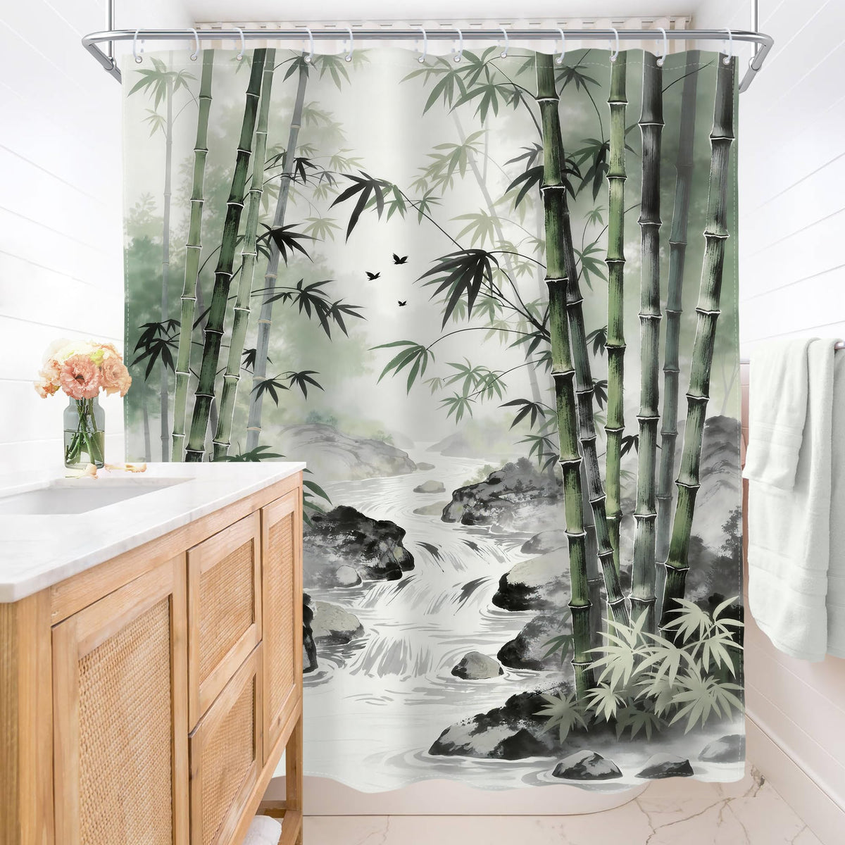 Bamboo Zen Spa Green Shower Curtain Leaves Nature Scenery 60Wx72L Inch (H-green / 60"W x 72"L (Pack of 1))