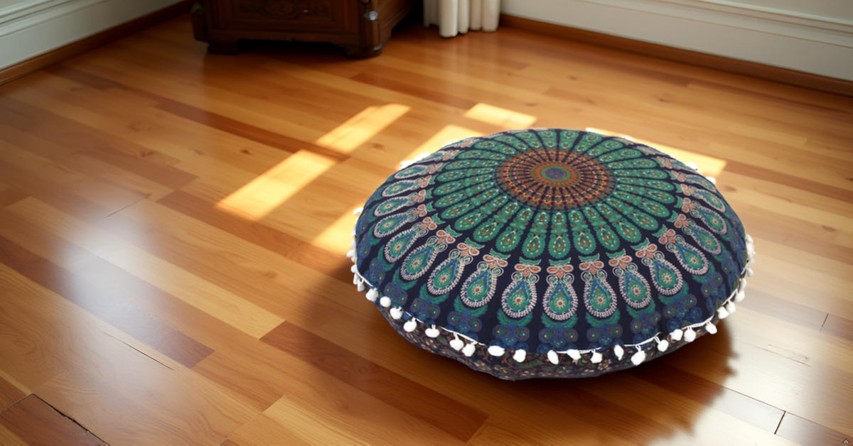 Large Hippie Floor Pillow Cover Mandala Meditation Cushion Case Pouf Cover Round Poufs Cover Bohemian Floor Cushion Cover Outdoor Fireplace Yoga Living Room Decor 32" Blue Mirchi (Blue Mirchi)