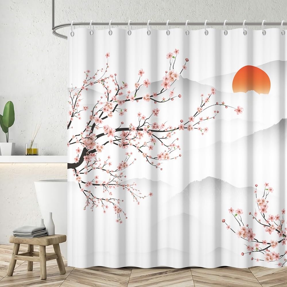 Pink Cherry Blossom Shower Curtain Japanese Flowers Mountain Sun Waterproof Bathroom Curtain Rustic Asian Art Waterproof Fabric Machine Washable for Bathroom Decor Bathtub with Hooks 69x75 Inch (69"W x 75"L (Pack of 1) / Pink-27)