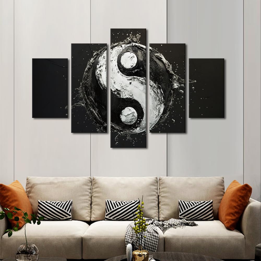 Canvas Wall Art Oversized Water Effect Yin Yang Design Stretched Framed Painting Five Piece Set Spa Bathroom Decor Meditation Space Wall Art Ready to Hang 60" Wx40 H‌ (60''Wx40''H / Artwork-07)