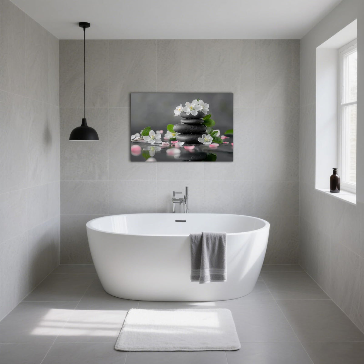 Zen Garden Canvas Wall Art Black Stone White Flowers Painting Framed Artwork Poster for Yoga Meditation Room Spa Bathroom Decor (WE000050-7 / 30"L x 20"W)