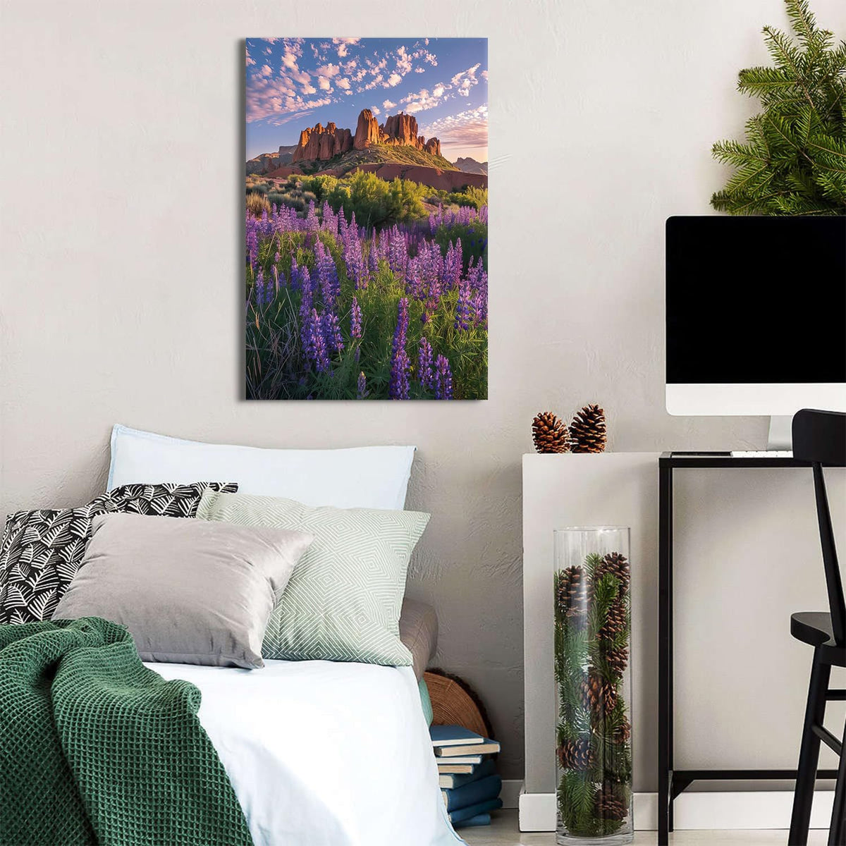 Large Lavender Scenery Wall Art Floral Field Scenic Wall Decor Mountain Landscape Canvas Pictures for Living Room Office Purple Flowers Poster Aesthetic Artwork for Bedroom Home Decoration 24x36" (36"L x 24"W / Lavender)