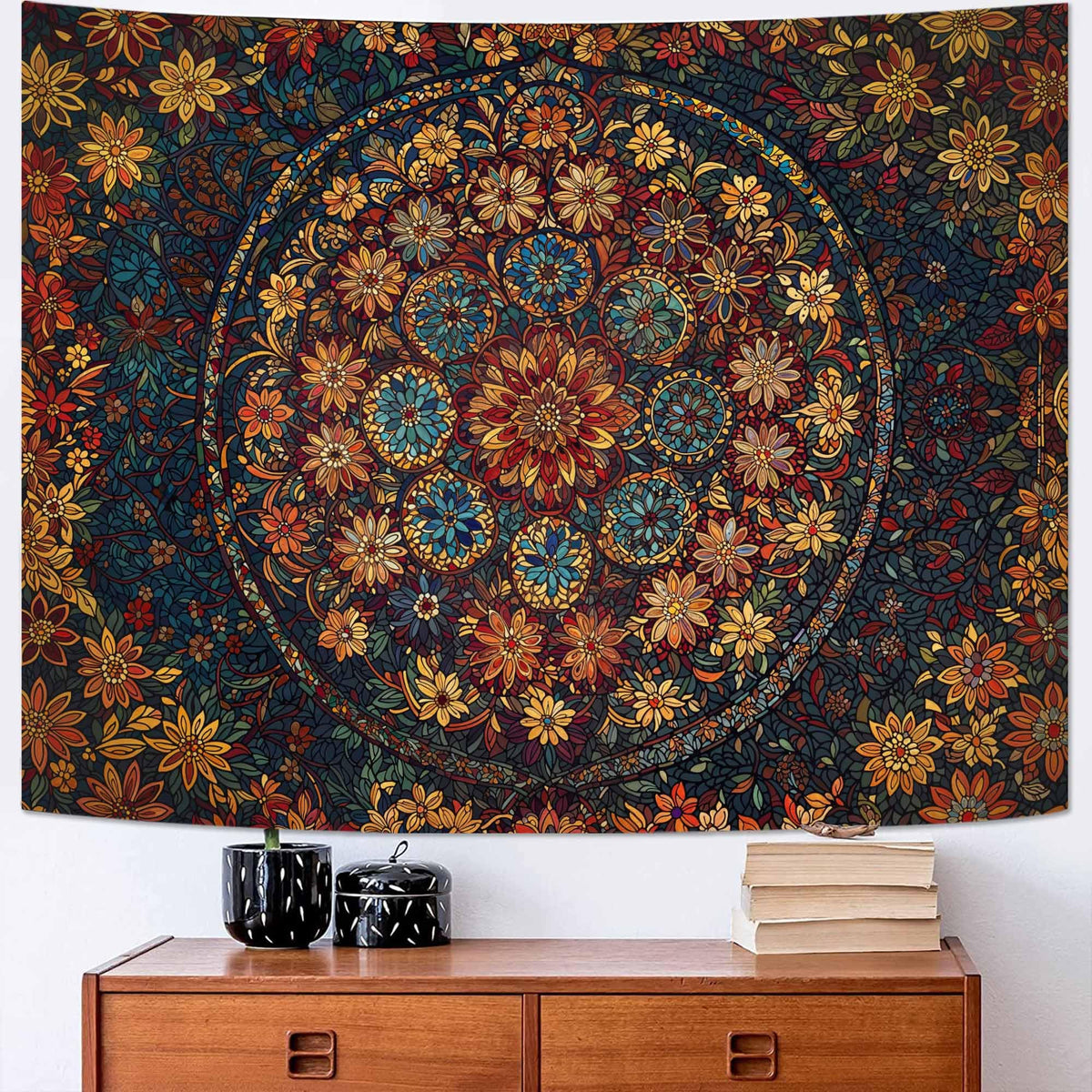 Boho Floral Mandala Tapestry Wall Hanging Vintage Bohemian Flower Medallion Tapestry Aesthetic Orange Stained Glass Hippie Tapestries for Bedroom Living Room Dorm Decor 60 x 44 Inch (Orange Brown / 60"L x 44"W)