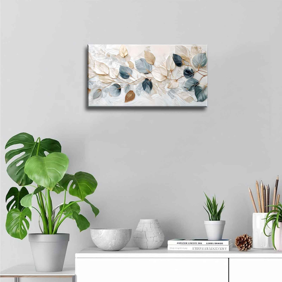 Large Living Eucalyptus Leaf Canvas Wall Art Teal White Botanical Abstract Decor painting Pictures Modern Nordic Plant Flowers Posters Prints for Bathroom Bedroom Office Hallway Home Decoration (white / 40"L x 20"W)